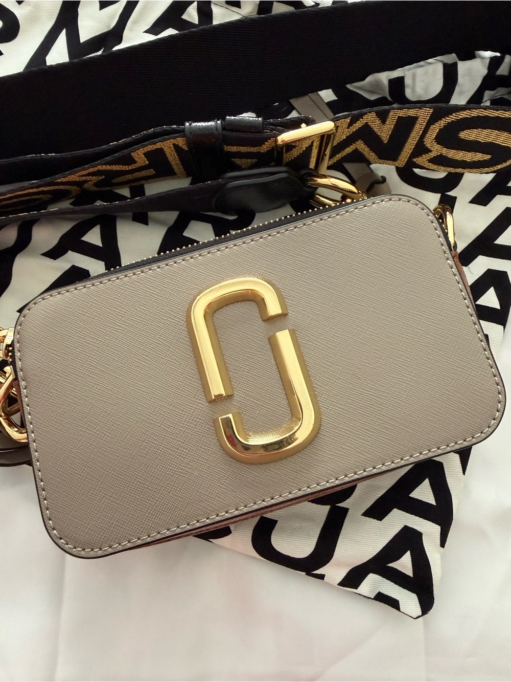 Marc Jacobs Taupe Crossbody Camera Bag with Gold Hardware